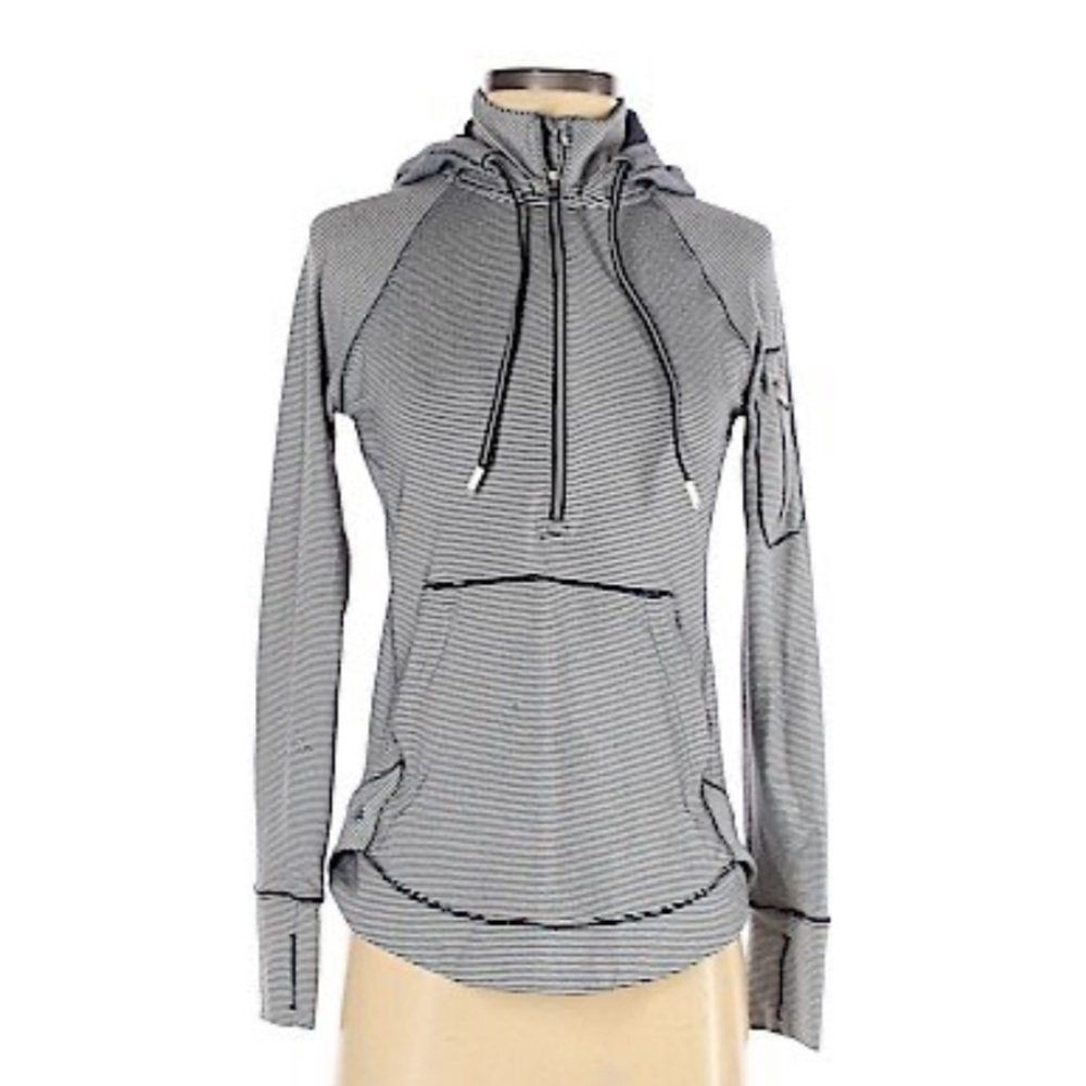 ATHLETA Blue Striped Long Sleeve Workout HoodieTop